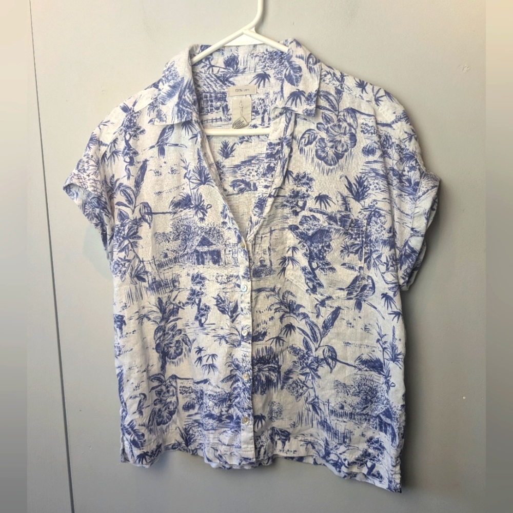 Joie Blue and White Printed Blouse 100% Linen